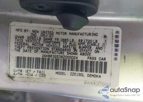 2008 Toyota Corolla Ce z USA, uszkodzony, nr VIN 1NXBR32E08Z000024